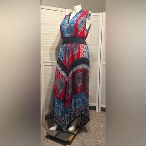 Bila Sleeveless Red and Blue Handkerchief Hem Boho Maxi Dress. Size XL